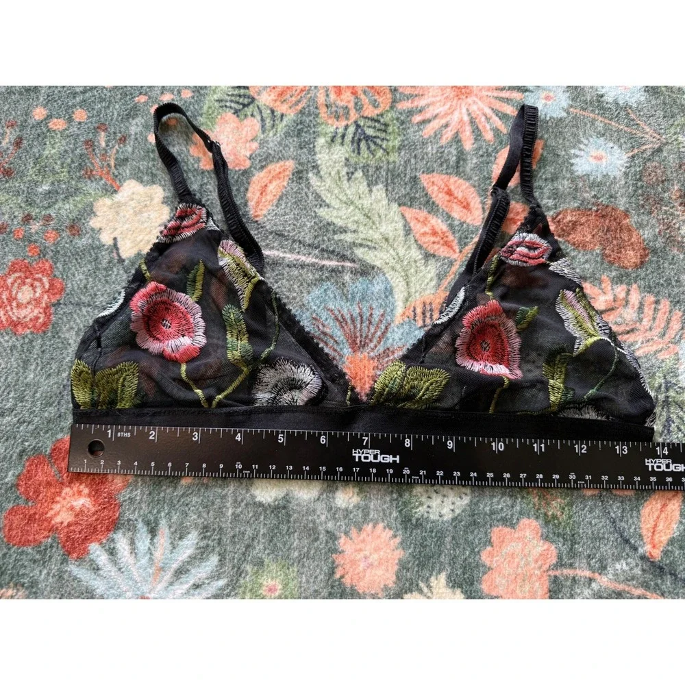 Honey Punch Black Mesh Floral Embroidered Triangle Bralette Size Large Boho Rose